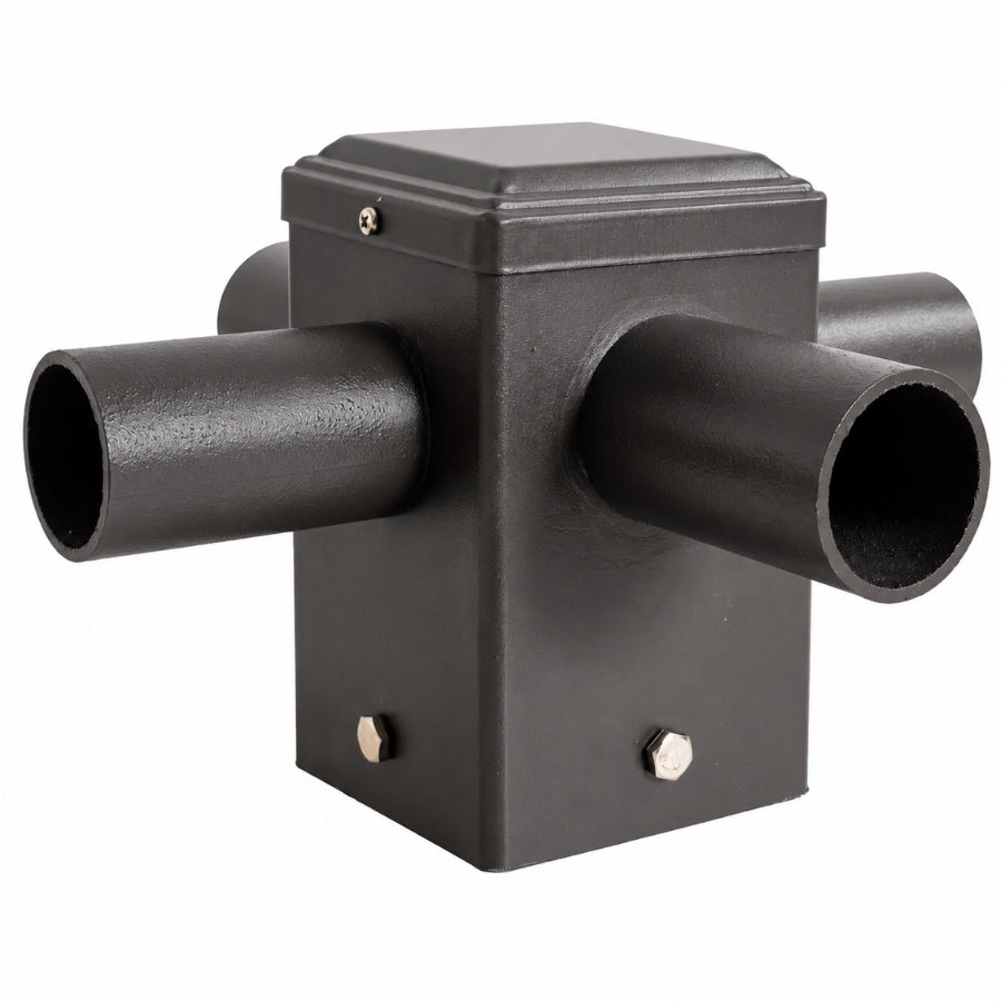 Quadruple 90° Tenon Adapter for 4” Square Pole, 4 Arm Horizontal Bullhorn Mount, 2-3/8” OD Slip Fitter Bracket for LED Area Lights, Shoebox Parking Lot Lights & Street Lights, Heavy Duty Steel