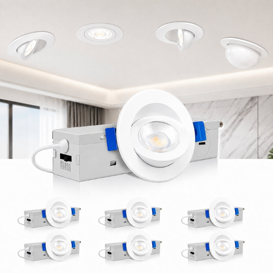 2 Inch Eyeball LED Gimbal Downlight, 5W, 550 Lumens, 5CCT Selectable 2700K/3000K/3500K/4000K/5000K, 360° Rotation & 90° Tilt, Dimmable, Canless Recessed Ceiling Light with Junction Box, IC Rated, ETL Listed, White