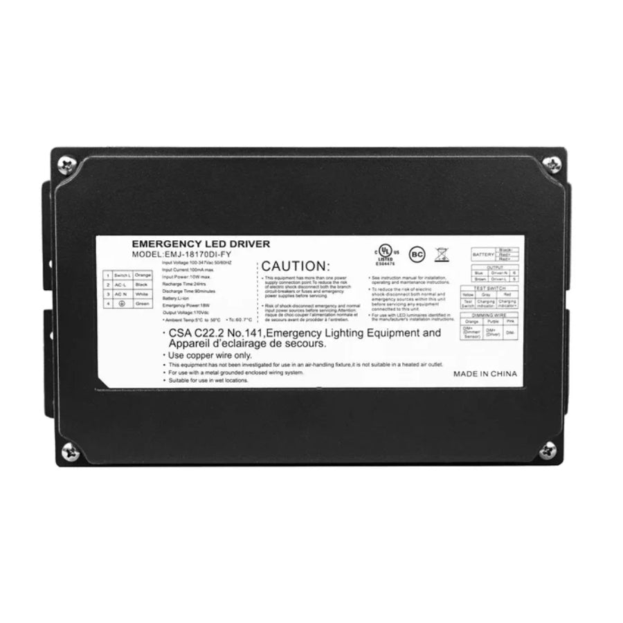 18W Waterproof Junction Box Emergency LED Driver – 100-347VAC Universal Input, 170VDC Output, 90-Minute Emergency Battery Backup, Li-Ion Emergency Power Supply for LED Wall Pack, Canopy & Vapor Tight Outdoor Lights