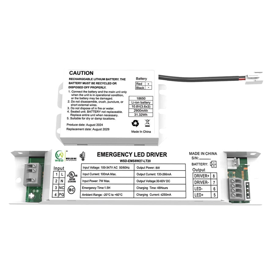 8W Low Temperature Split Built-In Emergency Backup Battery Driver – 100-347VAC LED Emergency Power Supply, 36-56VDC Output, 90-Minute Backup, LiFePO4 Battery, Test Switch & Indicator, UL924 LED Emergency Driver for Panels Troffers Downlights