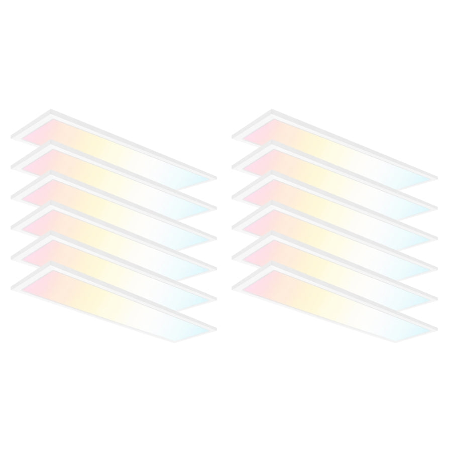 12 Pack 1x4 LED flat panel lights, surface mount, 5CCT selectable 3000K–6500K, TRIAC dimmable, 30W/40W/50W adjustable, 6250 lumens, 120V flush or drop ceiling mount