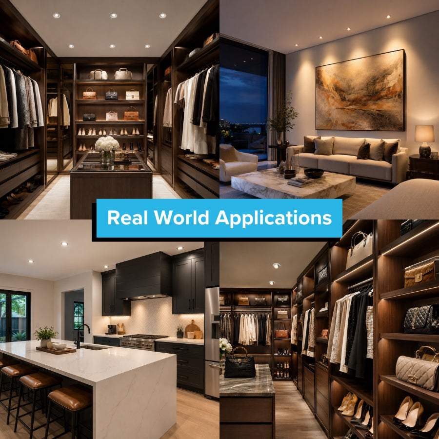 Adjustable LED gimbal recessed lights installed in closets, living rooms, kitchens, and accent lighting applications.