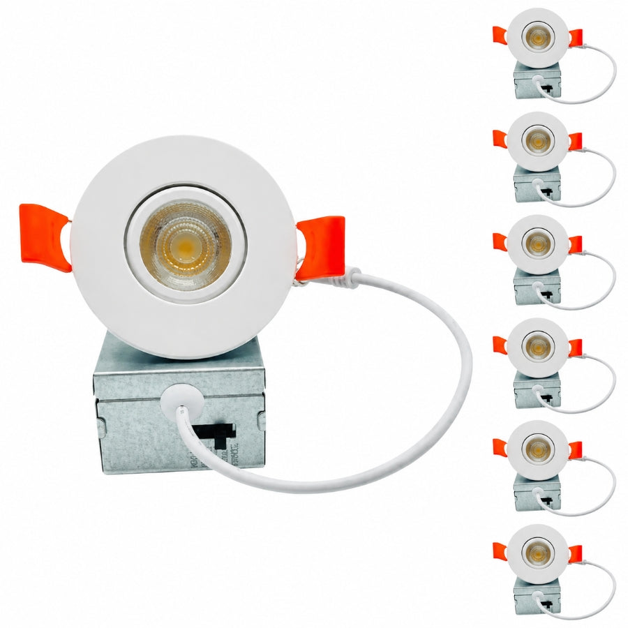 Six-pack of 2-inch LED gimbal recessed lights with junction boxes, selectable CCT, and adjustable beam direction.
