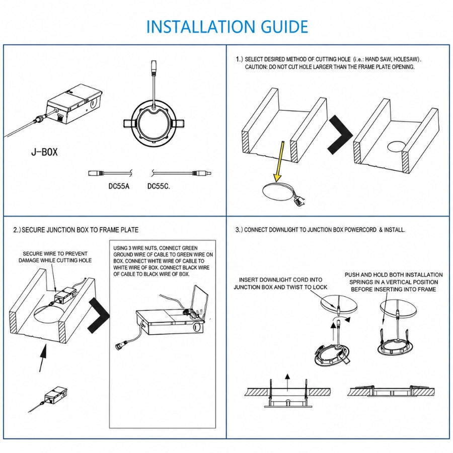 Step-by-step installation instructions for mounting the 2-inch LED gimbal recessed light with junction box.