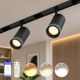 Two black 18W LED magnetic spotlight track heads with adjustable focus, 360° rotation, 20°–45° beam angle, dimmable 2700K–6000K color temperature, and smart app, remote, and voice control.