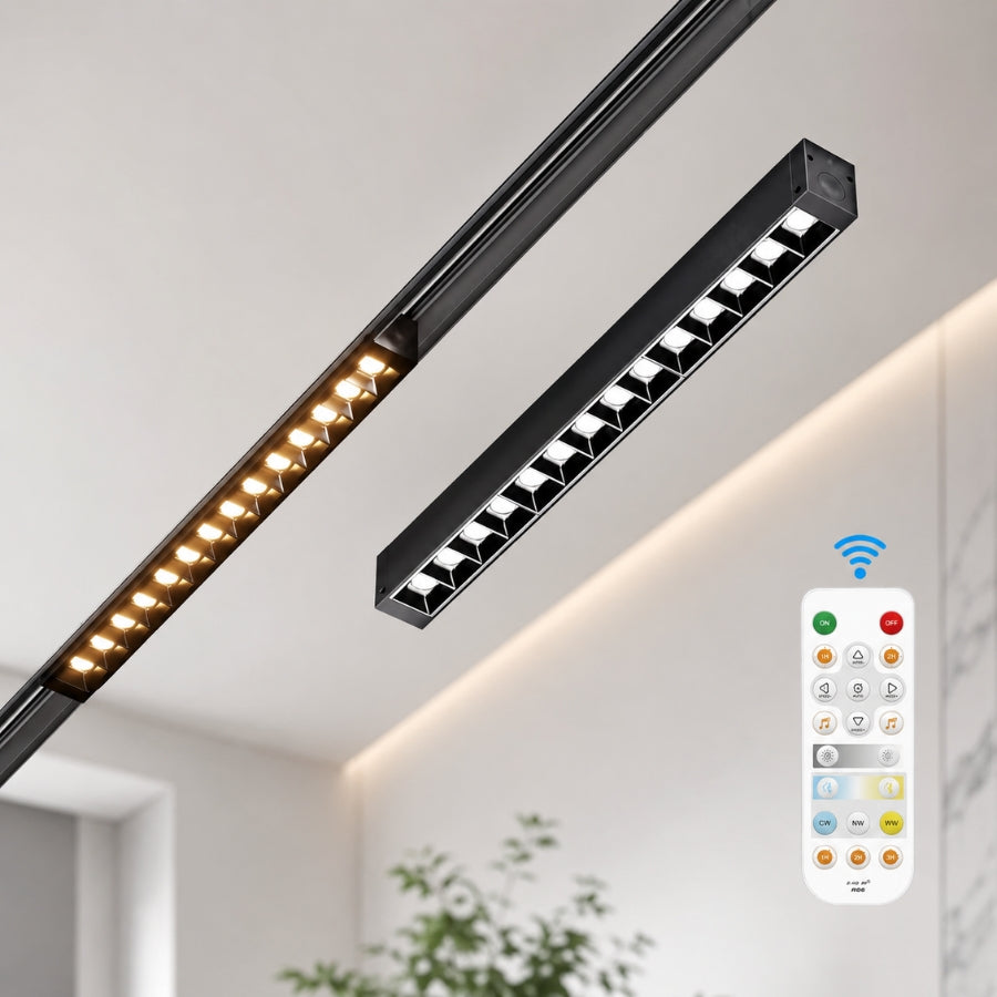 Two black 15W magnetic grille LED track lights for 24V magnetic track systems, featuring 1500 lumens, dimmable 3000K–6000K color temperature, anti-glare optics, and smart remote, app, and voice control.