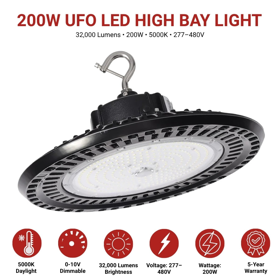 200W UFO LED High Bay Light with specifications on a white background
