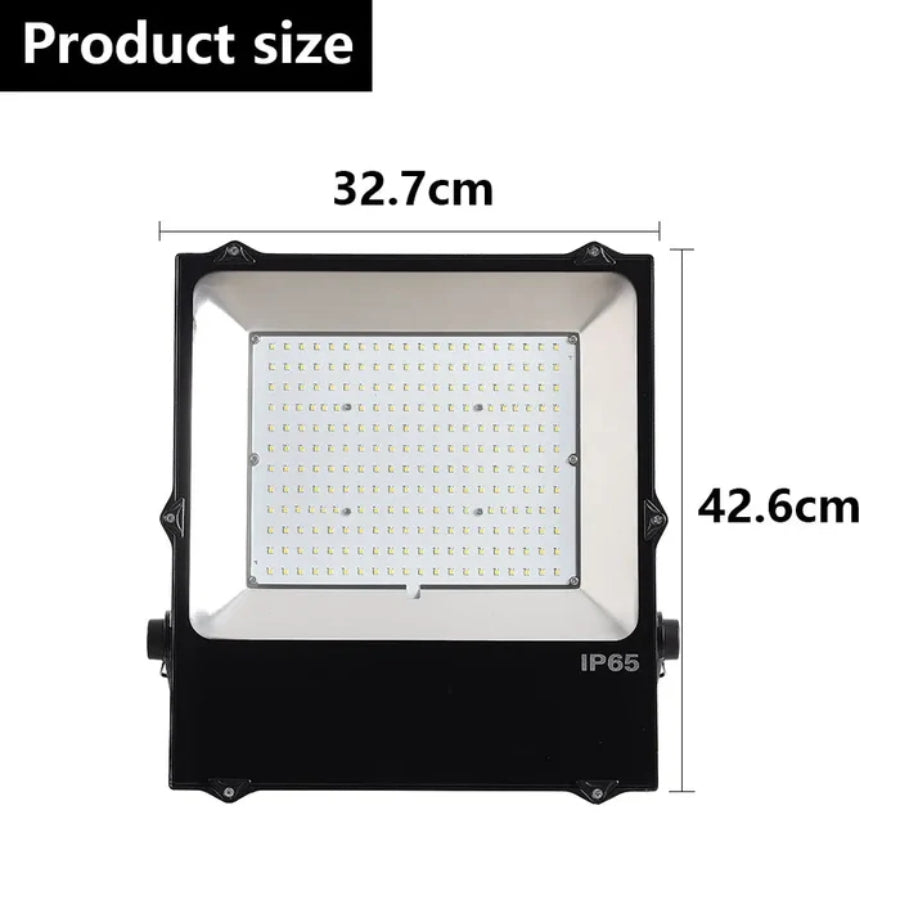LED flood light with dimensions labeled on a white background