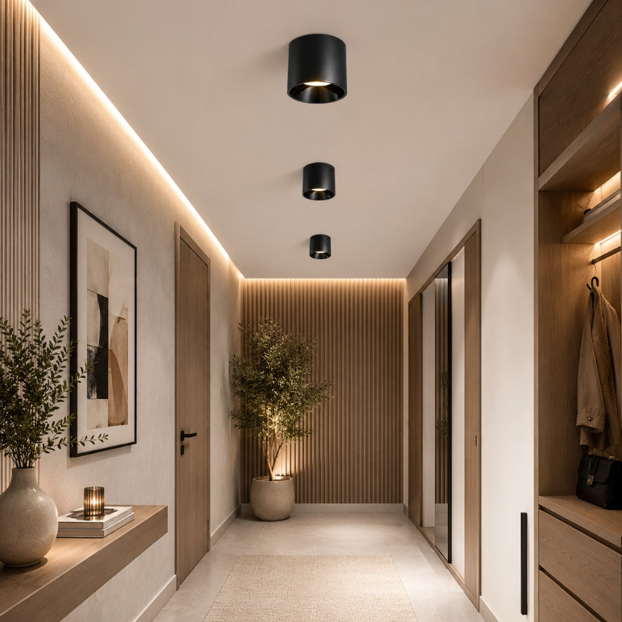 Modern hallway with decorative elements and warm lighting