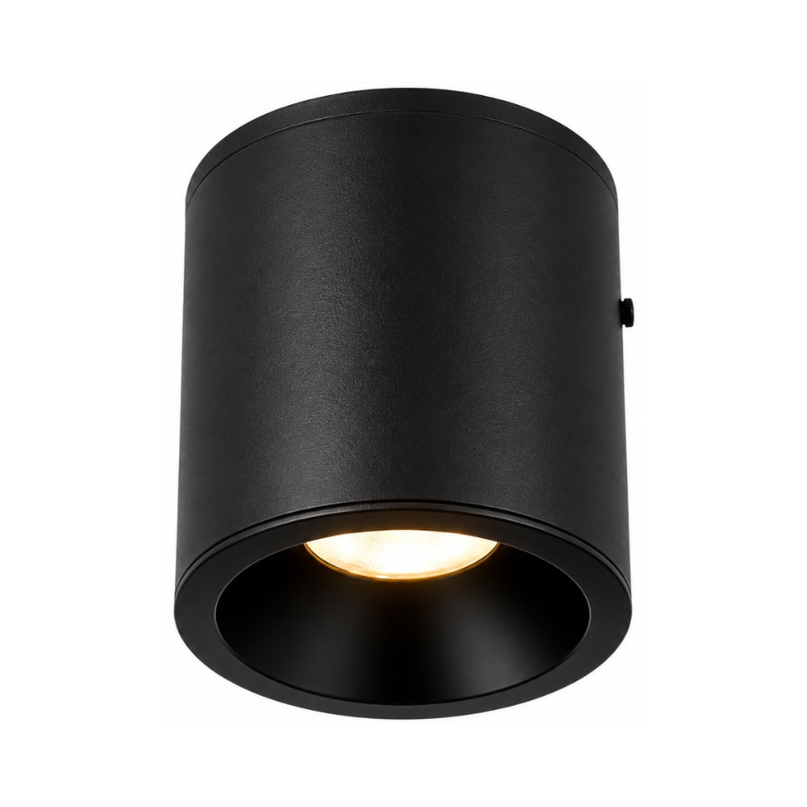 Black cylindrical ceiling light fixture on a white background