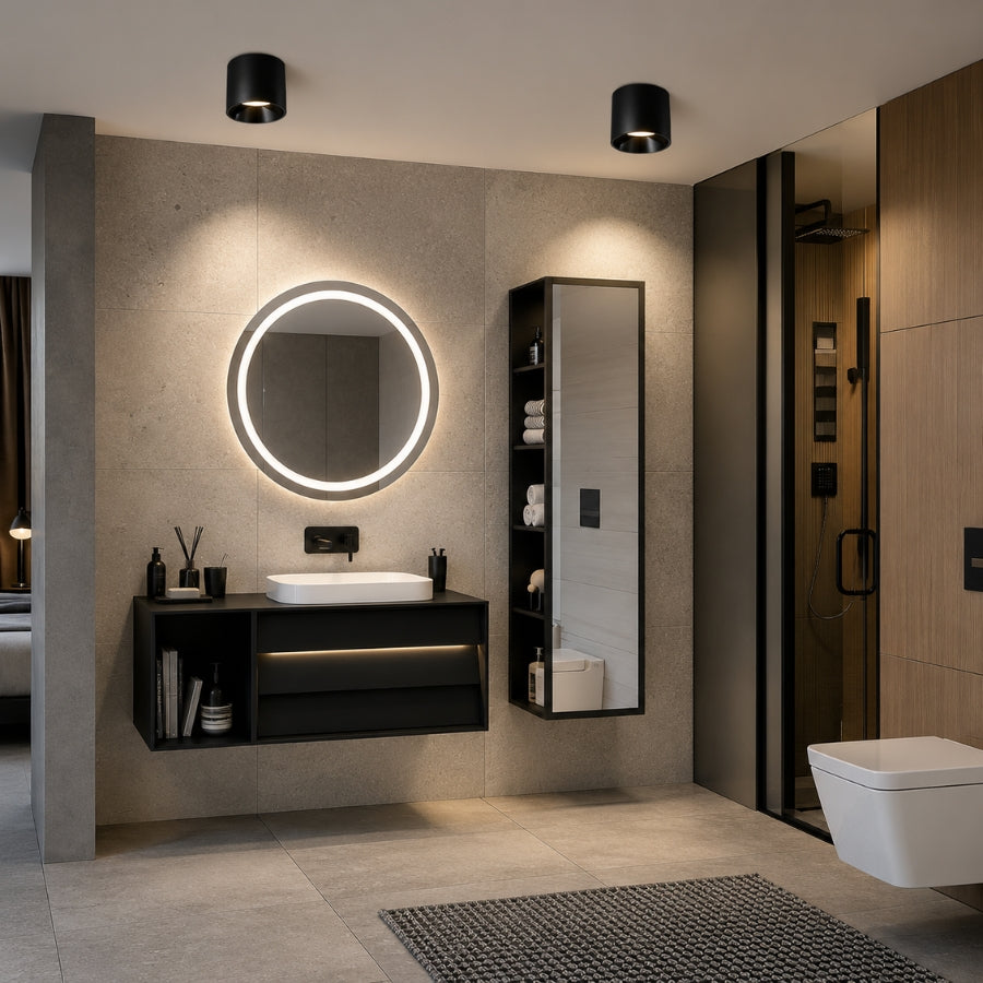 Modern bathroom with black vanity, round mirror, and shower area.