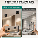 Phone screen comparison showing flicker-free and anti-glare features in a bedroom setting.