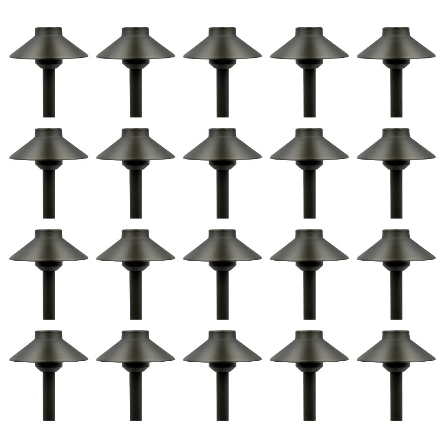 Multiple black outdoor lamp fixtures arranged in a grid on a white background