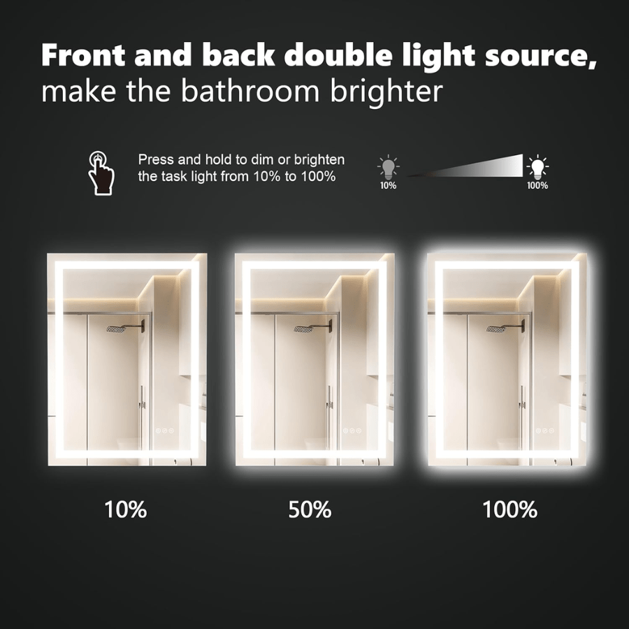 20x28 Inch Front Lighted Vanity Mirror brightness from 10% to 100% at switchtoled