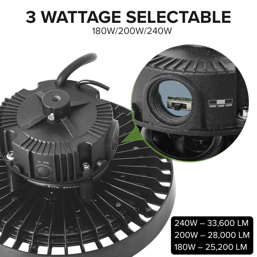 240w high bay led ufo light​ with wattage options and specifications on a white background