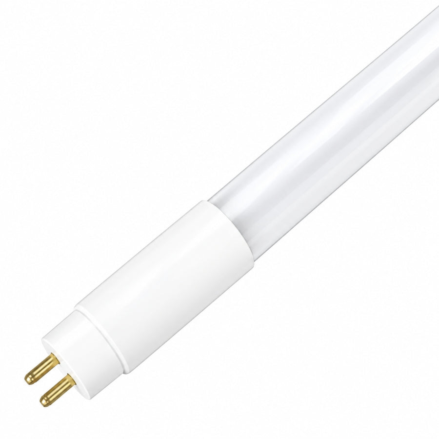 A close-up of a white LED tube light with a two-pin bi-pin connector, showing the gold metal pins on a clean white background.