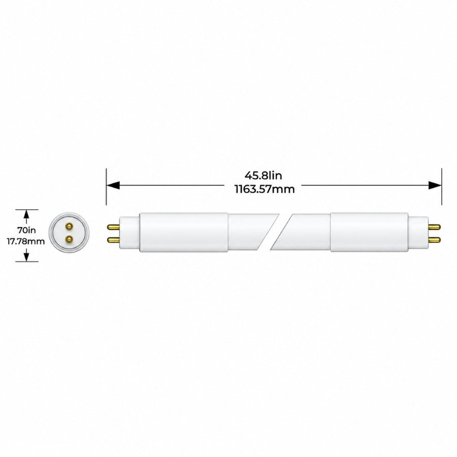 Technical dimension diagram of a white cylindrical light fixture or tube with gold-toned terminal ends, showing a main length of 45.8 in (1163.