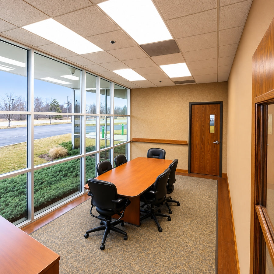 A modern office meeting room with a long wood conference table, black swivel chairs, beige carpet, wood-paneled walls, and large windows looking out onto a landscaped outdoor area.