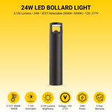 42" 24W LED Bollard Light - Selectable CCT (3000K-4000K-5000K) - Type V Distribution - 120-277 VAC - 3,120 Lumens - IP65 Waterproof - 0-10V Dimmable - UL DLC Premium - Outdoor Pathway Landscape Lighting - 5-Year Warranty