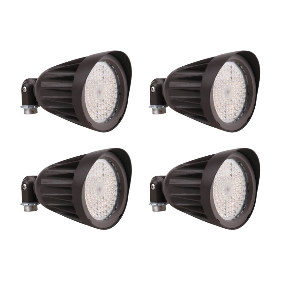 Four black outdoor flood lights on a white background