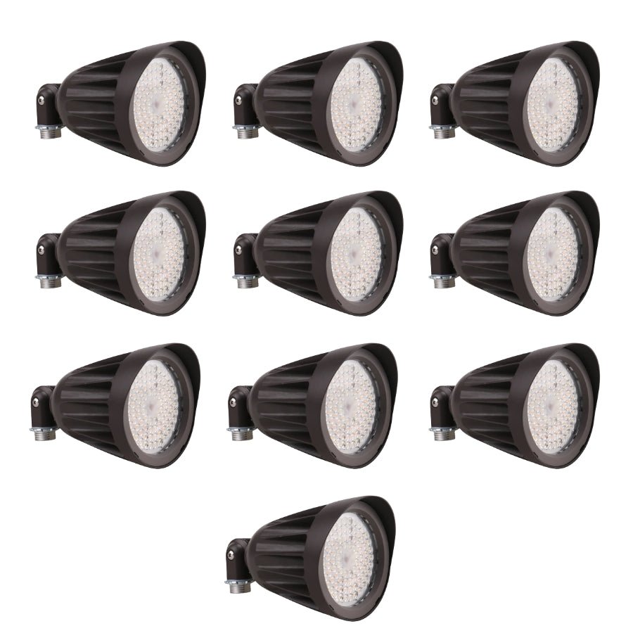 Set of twelve black outdoor flood lights on a white background