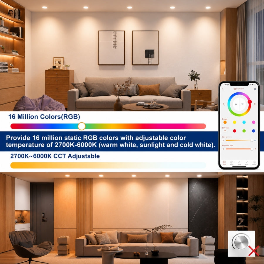 Smart recessed light offering 16 million RGB colors and adjustable white color temperatures from 2700K to 6500K.