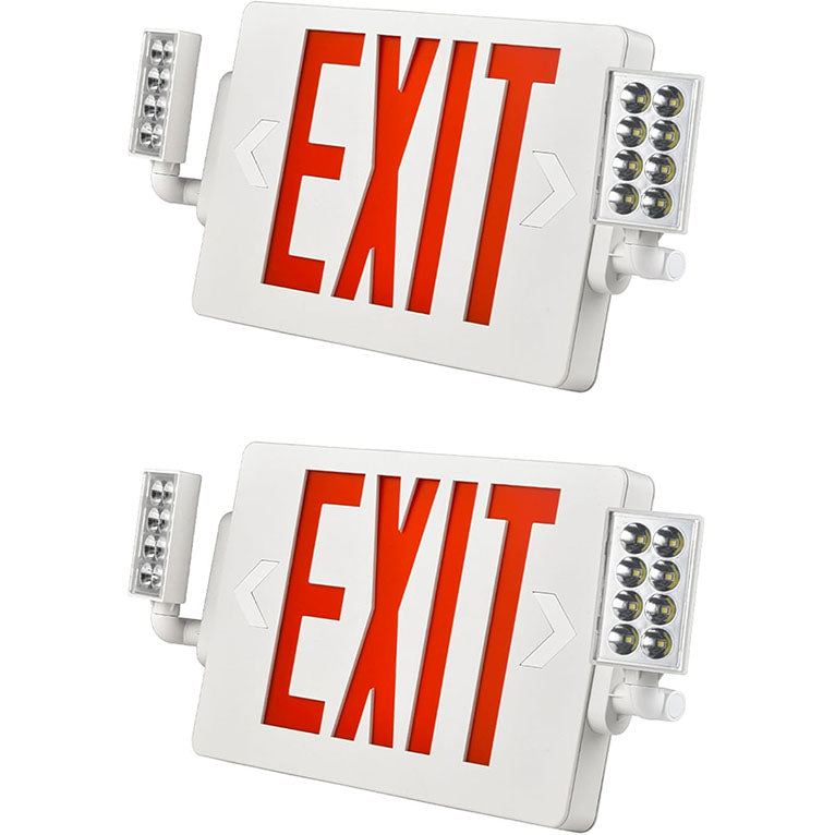 Double Sided LED Emergency EXIT Sign Combo, Two LED Lights, Backup Battery, US Standard Red Letter Emergency Exit Lighting, Commercial Grade, 120-277V, Fire Resistant (UL 94V-0)