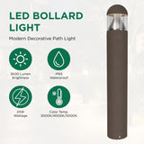 24W Dome Top LED Bollard Light – Selectable 14W/19W/24W, 3CCT Adjustable 3000K–5700K, 3600LM Output, 120° Beam Angle, IP65 Waterproof Aluminum Housing, UL ETL DLC Certified Outdoor Garden & Landscape Path Lighting – 5-Year Warranty
