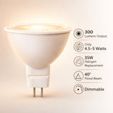 LED MR16 Bulb, 5W (35W Halogen Equivalent), 300 Lumens, 3000K Warm White, 40° Flood Beam, Dimmable, 12V Low Voltage, GU5.3 Base, UL Damp Rated, Accent & Task Lighting