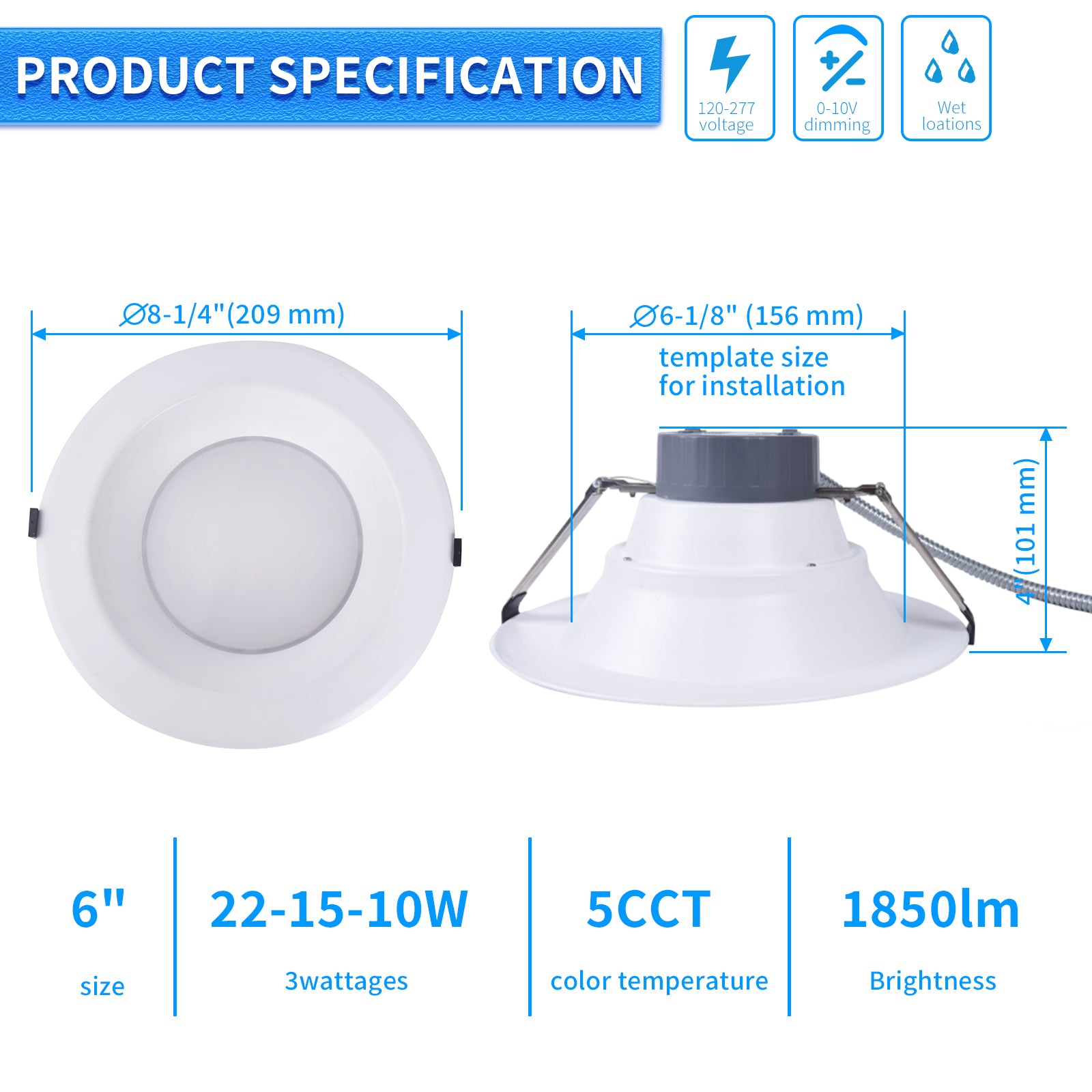 6 inch Commercial Canless LED Downlight, Wattage Adjustable 10/15/22W, 0-10V Dimmable Recessed Ceiling Light Fixture, 5 CCT 2700K-5000K, 120-277V IC Rated UL & Energy Star