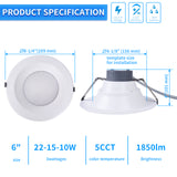 6 inch Commercial Canless LED Downlight, Wattage Adjustable 10/15/22W, 0-10V Dimmable Recessed Ceiling Light Fixture, 5 CCT 2700K-5000K, 120-277V IC Rated UL & Energy Star