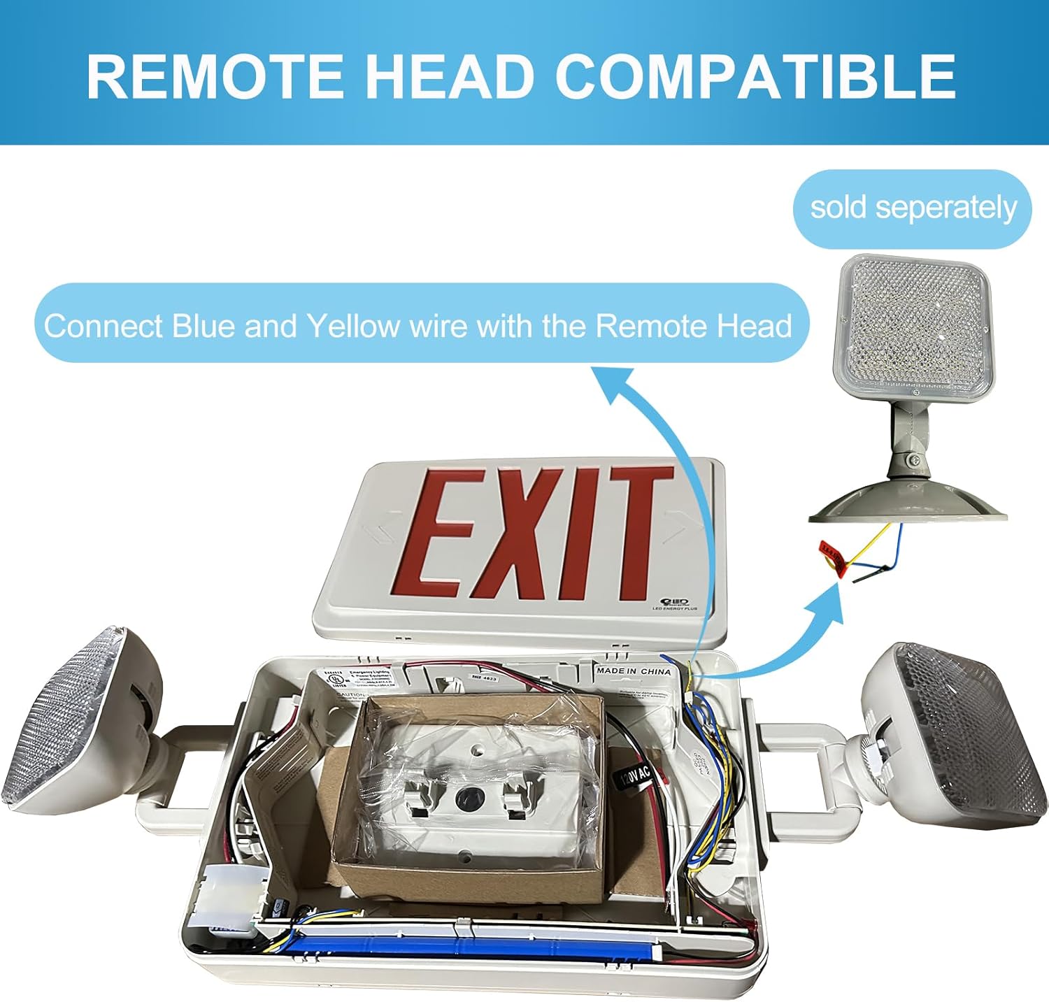 Double Sided LED Emergency EXIT Sign, Remote Capable, Two LED Flood Lights, Backup Battery, US Standard Red Letter, Commercial Grade, 120-277V, FireResistant(UL 94V-0)