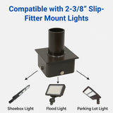 Light fitting compatible with 2-3/8" slip-fitter mount lights, shown with shoebox light, flood light, and parking lot light examples.