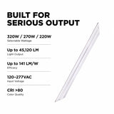 320W LED Linear High Bay Light, 44,800 Lumens, 5000K Daylight White, 1000W Metal Halide Equivalent, 140 LM/W, 0-10V Dimmable, 90° Beam Angle, UL cUL DLC 5.1 Premium, 120-277V Commercial Warehouse Lighting