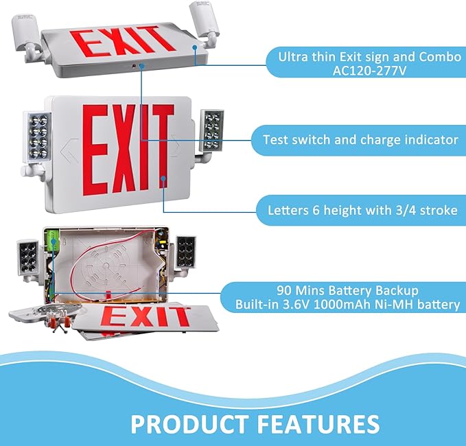 Double Sided LED Emergency EXIT Sign Combo, Two LED Lights, Backup Battery, US Standard Red Letter Emergency Exit Lighting, Commercial Grade, 120-277V, Fire Resistant (UL 94V-0)