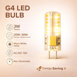 G4 LED Bulbs, JC Bi-Pin Base T3, 3W AC/DC 12V, 20W–30W Halogen Replacement, 220–260 Lumens, Warm White 3000K, Non-Dimmable, Landscape, RV & Under Cabinet Lighting