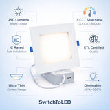 4-Inch Slim Square LED Recessed Downlight, 750 Lumens 5CCT Selectable 2700K-5000K, Canless IC Rated Ceiling Light with Junction Box, 10W Dimmable Ultra-Thin Wafer Light, 60W Incandescent Equivalent, 5-Year Warranty