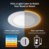 4 Inch LED Recessed Ceiling Light with Night Light, 5CCT Selectable 2700K/3000K/3500K/4000K/5000K, 9W, 750 Lumens, 75W Equivalent, Dimmable Canless Wafer Downlight, IC Rated, ETL & FCC Listed, Junction Box Included, 120V