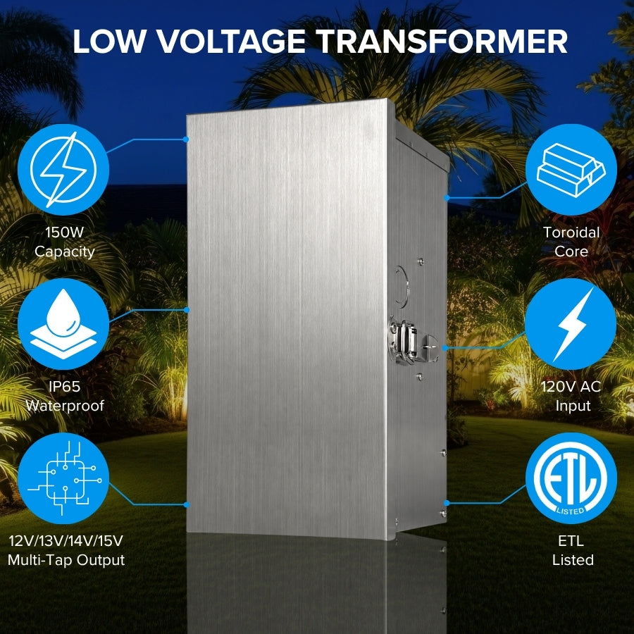 150W Low Voltage Landscape Transformer – Multi Tap 12V/13V/14V/15V AC  Output, Toroidal Core, IP65 Waterproof Outdoor Lighting Transformer, ETL  Listed, 