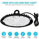 250W UFO LED High Bay Light, 37,500 Lumens, 750W Metal Halide Equivalent, 5700K Cool White, 120-277V AC, 90° Beam Angle, 6FT Cable Included, UL & cUL Listed, 3-Year Warranty, Commercial Warehouse Lighting