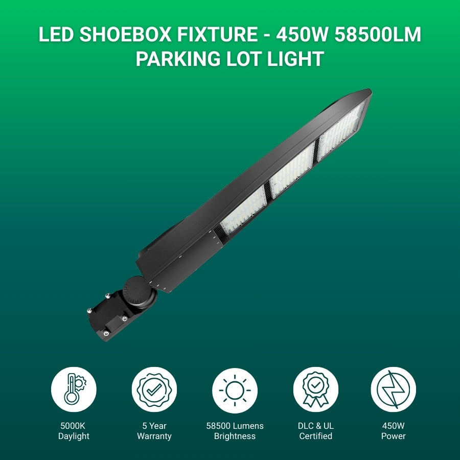 450W Outdoor LED Lights, 5000K 58500LM LED Parking Lot Light, Shoebox Light Fixture, IP65 Waterproof Area Flood Light, DLC UL Listed, 100–277V