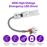 40W LED Emergency Battery Backup Driver, 277-480V High Voltage Input, 310-500V DC Output, 90-Minute Emergency Power for LED High Bay Lights, Commercial Emergency Lighting Driver for Warehouses & Industrial Fixtures