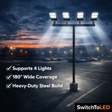 Quad Bullhorn Tenon Adapter 180° Inline for 4 Lights, 2-3/8” OD Round Pole Mount, Heavy Duty Steel 4-Head Slip Fitter Bracket for LED Shoebox Parking Lot Lights, Flood & Street Lights