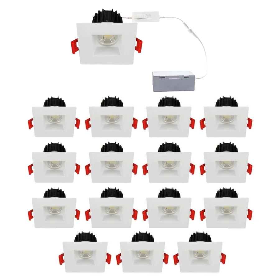 Multiple square recessed lights with red mounting brackets on a white background at switchtoled.