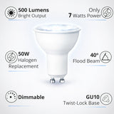 LED MR16 GU10 Bulb, 7W (50W Halogen Equivalent), 500 Lumens, 5000K Daylight White, 40° Flood Beam, Dimmable, 120V, UL Damp Rated, Accent & Task Lighting