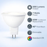 LED MR16 Bulb, 7W (50W Halogen Equivalent), 500 Lumens, 5000K Daylight White, 40° Flood Beam, Dimmable, 12V Low Voltage, GU5.3 Base, UL Damp Rated, Accent & General Lighting