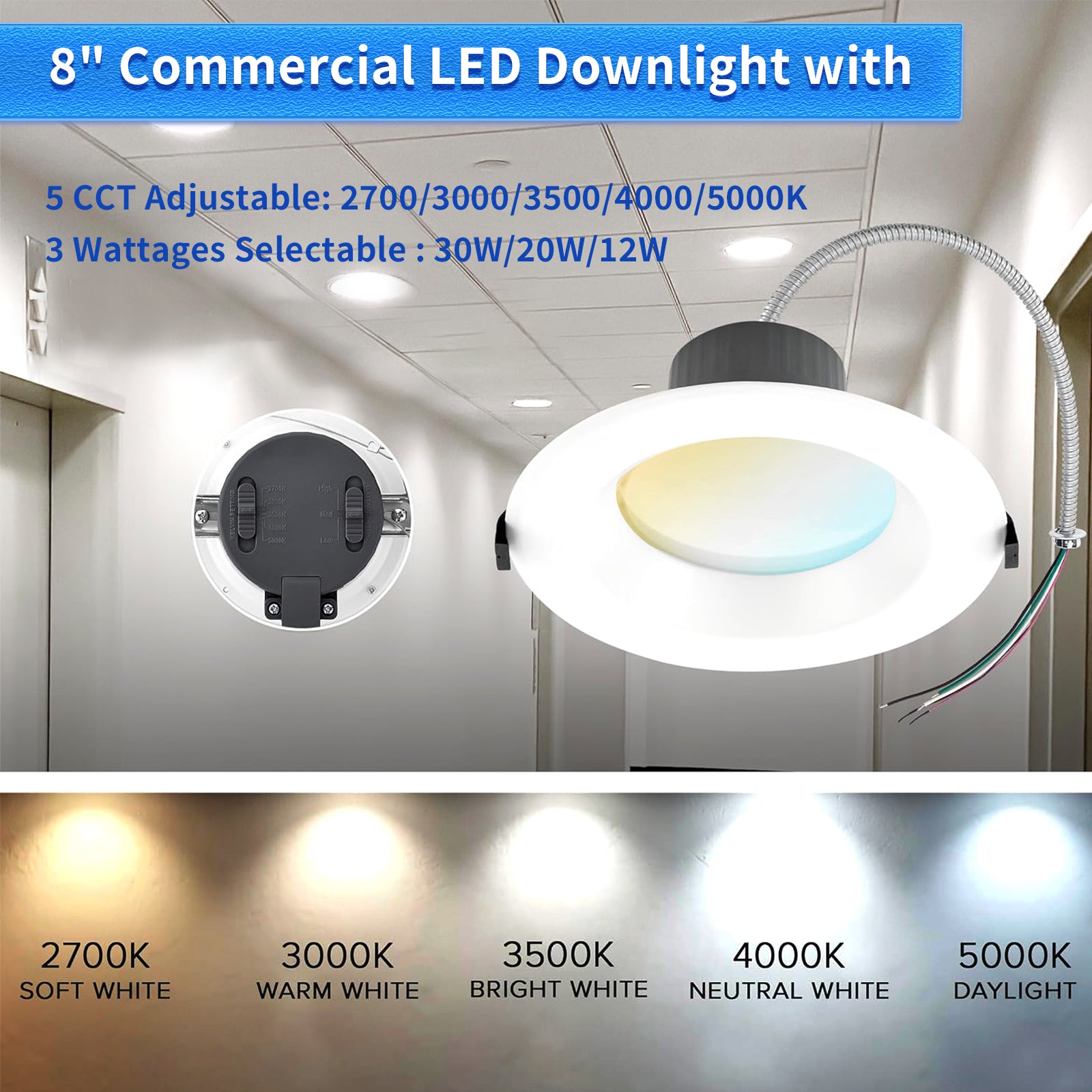 8 inch Commercial Canless LED Downlight, brightness 2400lms, Wattage Adjustable 12/20/30W, 0-10V Dimmable Recessed Ceiling Light Fixture, 5 CCT 2700K-5000K, 120-277V IC Rated UL & Energy Star