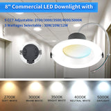 8 inch Commercial Canless LED Downlight, brightness 2400lms, Wattage Adjustable 12/20/30W, 0-10V Dimmable Recessed Ceiling Light Fixture, 5 CCT 2700K-5000K, 120-277V IC Rated UL & Energy Star