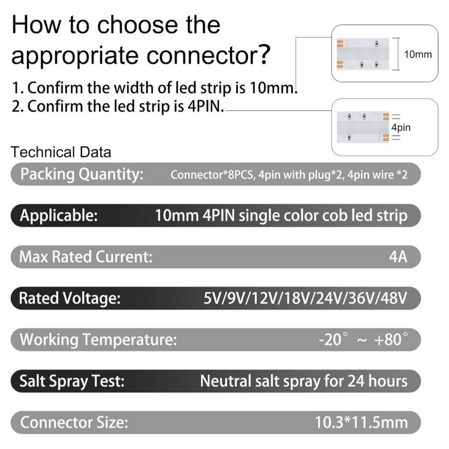 4PIN Transparent COB Connectors Kit for RGB COB LED Strip Lights – 10mm, Solderless Connection, 5pcs 15cm Wires