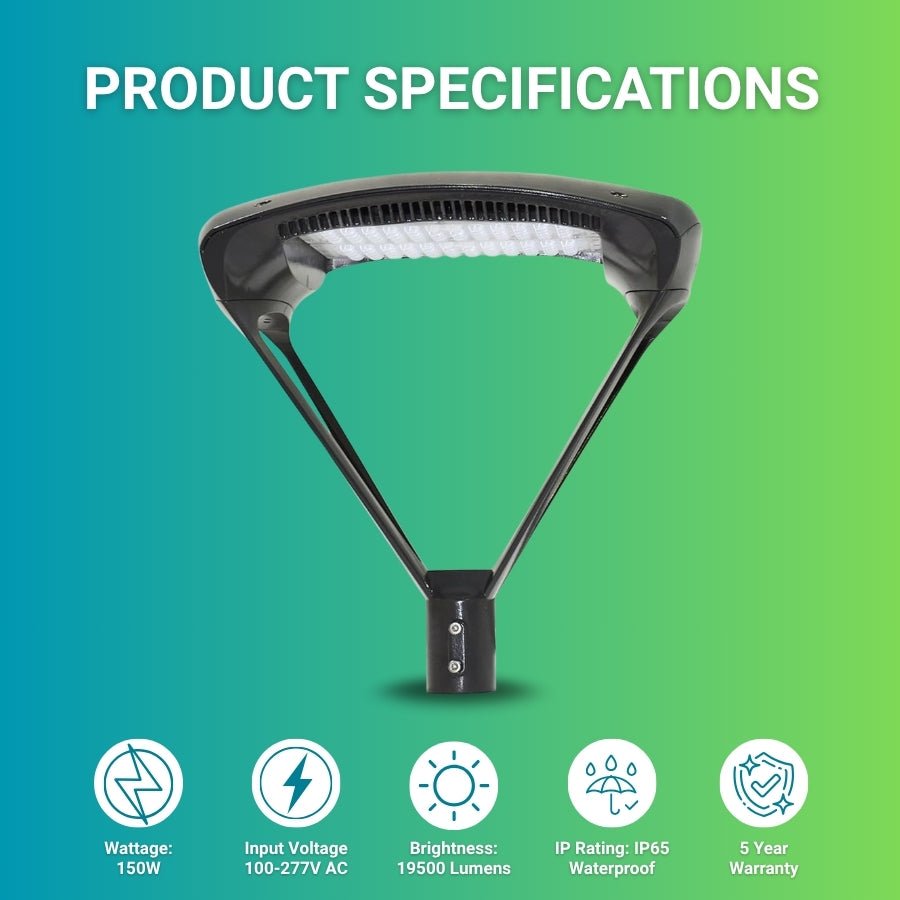 150W LED Outdoor Post Top Light Parking Lot Area Lighting Plaza Lighting Garden Lighting Type IV Distribution 5000K Daylight 19500LM AC100-277V ETL DLC Lighting Facts